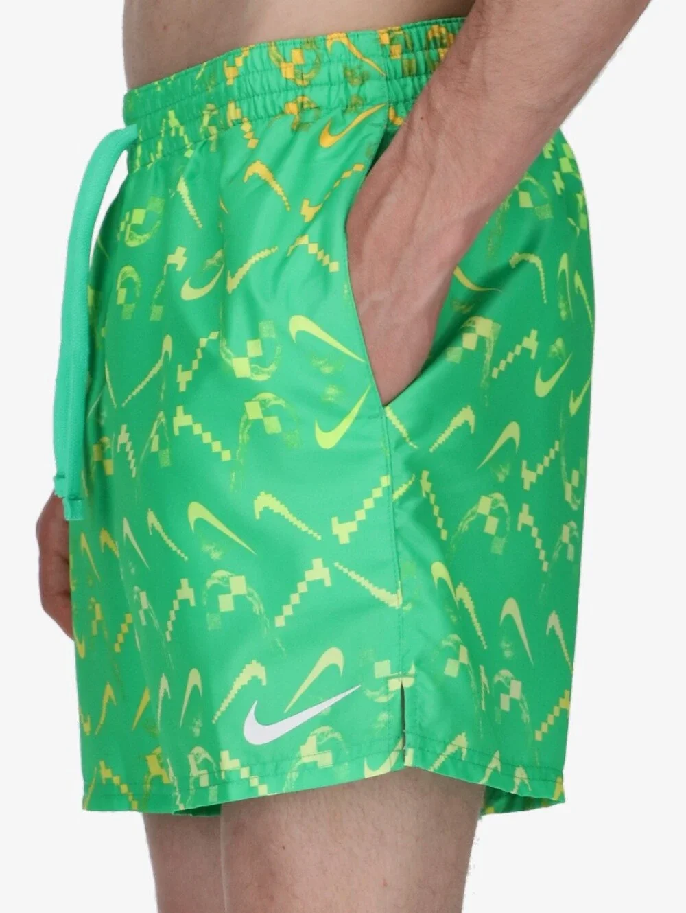 Nike Green Geometric Swim Trunks,  Pockets, Drawstring, XXL Mens